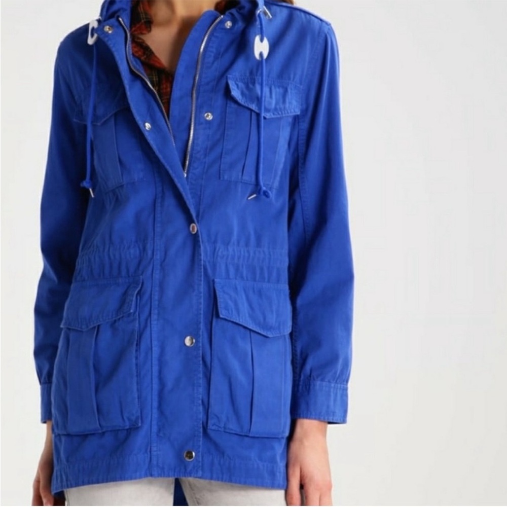 J Crew Women’s Blue Lagoon Fatigue Hooded Boyfriend Utility Jacket Cinch Waist - Picture 2 of 16